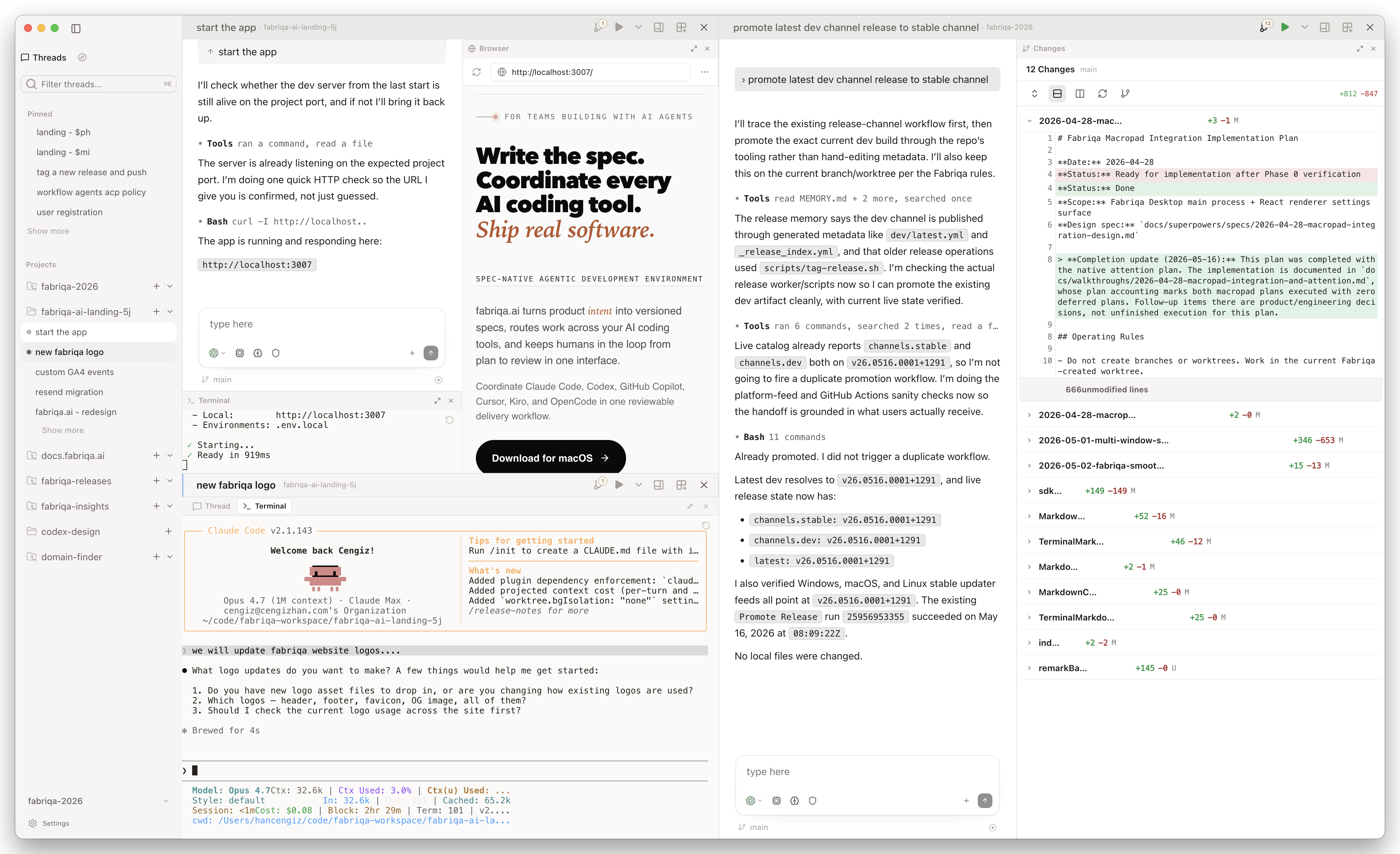 Interactive fabriqa.ai workspace preview showing thread, browser, terminal, and git changes panels